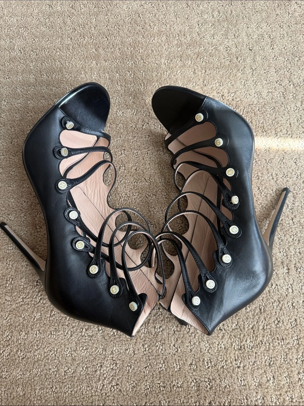 Gucci Aneta Black Caged Peep Toe Stiletto Heels